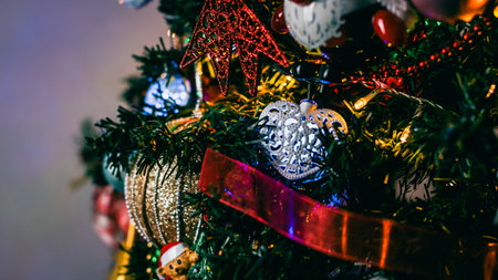 Christmas decorations. Colorful Christmas lights backgroundの写真素材