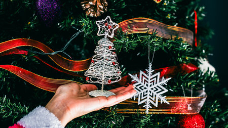 Christmas decorations. Colorful Christmas lights backgroundの写真素材