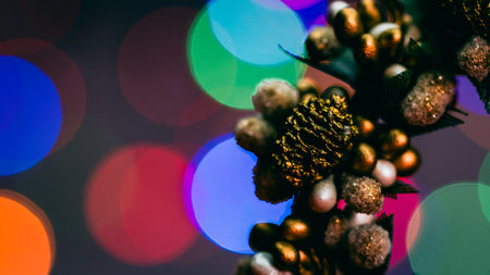 Christmas decorations. Colorful Christmas lights backgroundの写真素材