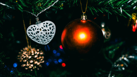 Christmas decorations. Colorful Christmas lights backgroundの写真素材