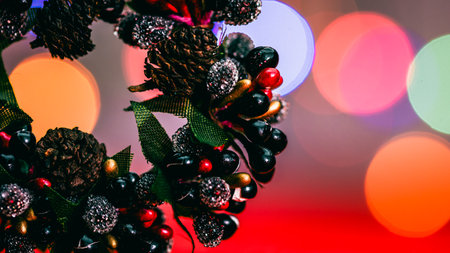 Christmas decorations. Colorful Christmas lights backgroundの写真素材