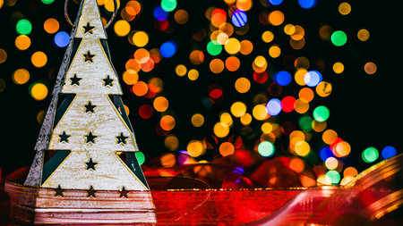 Christmas decorations. Colorful Christmas lights backgroundの写真素材