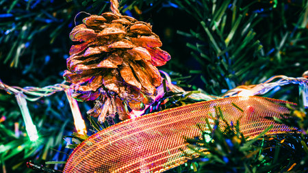 Christmas decorations. Colorful Christmas lights backgroundの写真素材