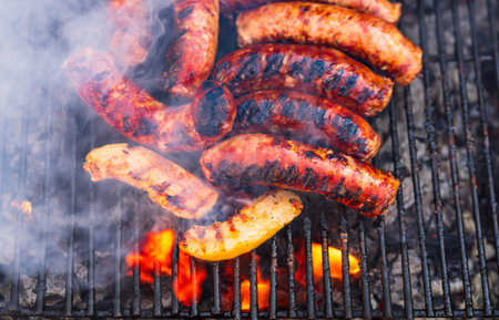 Pork meat and sausages grilled on a charcoal barbeque. Top view of tasty barbecue, food concept, food on grill and detail of food on the grillの写真素材