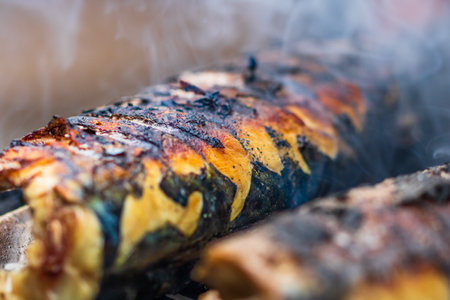 Grilled fish on charcoal grill. Fresh fish barbecueの写真素材