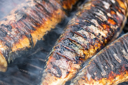 Grilled fish on charcoal grill. Fresh fish barbecueの写真素材