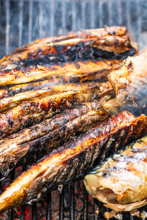 Grilled fish on charcoal grill. Fresh fish barbecueの写真素材