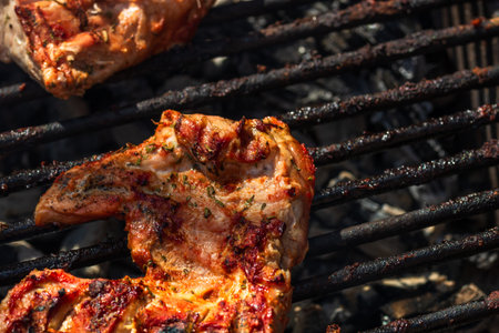 Detail of tasty pork steak on rustic backgroundの写真素材