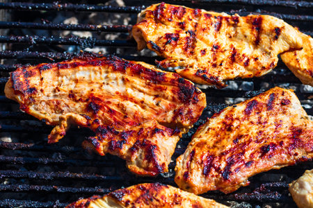 Chicken and pork steak grilled on a charcoal barbeque. Top view of camping tasty barbecue, food concept, food on grill and detail of food on the grillの写真素材