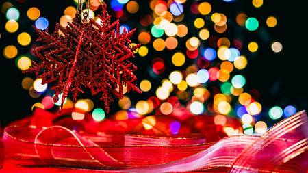 Christmas decorations. Colorful Christmas lights backgroundの写真素材