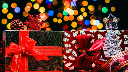 Christmas decorations. Colorful Christmas lights backgroundの写真素材