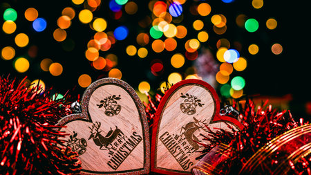 Christmas decorations. Colorful Christmas lights backgroundの写真素材