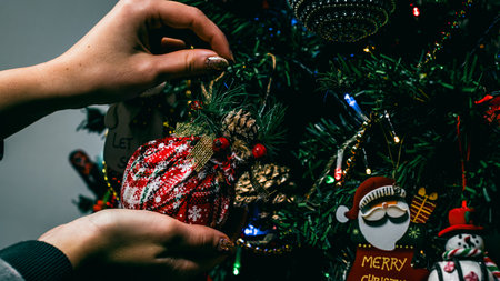 Christmas decorations. Colorful Christmas lights backgroundの写真素材