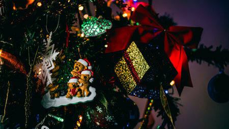 Christmas decorations. Colorful Christmas lights backgroundの写真素材