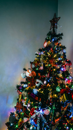 Christmas decorations. Colorful Christmas lights backgroundの写真素材