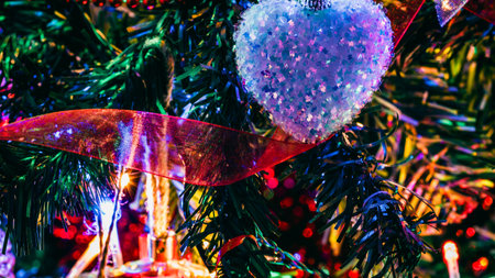 Christmas decorations. Colorful Christmas lights backgroundの写真素材