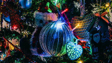 Christmas decorations. Colorful Christmas lights backgroundの写真素材
