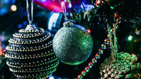 Christmas decorations. Colorful Christmas lights backgroundの写真素材