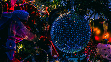 Christmas decorations. Colorful Christmas lights backgroundの写真素材