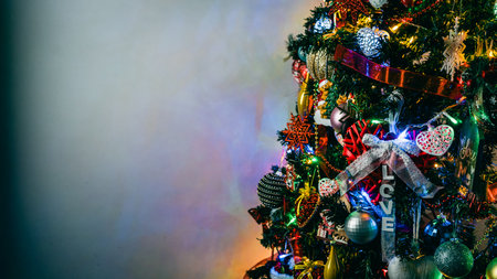 Christmas decorations. Colorful Christmas lights backgroundの写真素材