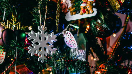 Christmas decorations. Colorful Christmas lights backgroundの写真素材