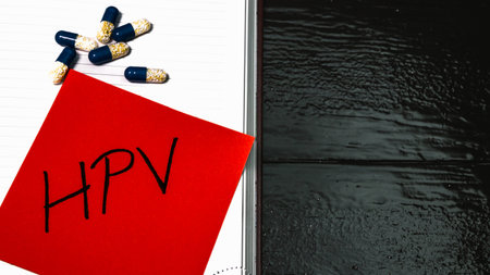 Writing  HPV on memo post reminder and medicines, pills.  Writing HPV on sticky paper.