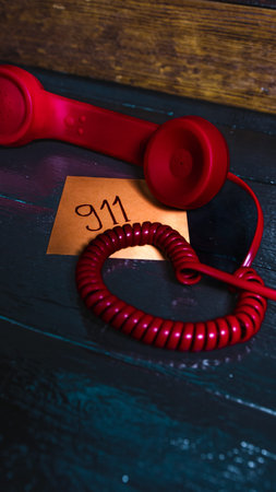 Writing 911 on memo post reminder.  sticky paper with text 911 and landline phone .
