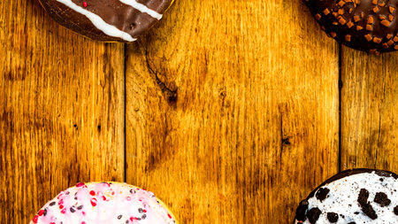 Colorful donuts on wooden table. Sweet icing sugar food with glazed sprinkles, doughnut with chocolate frosting. Top view with copy spaceの写真素材