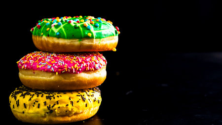 Glazed donuts with sprinkles isolated. Close up of colorful donuts.の写真素材