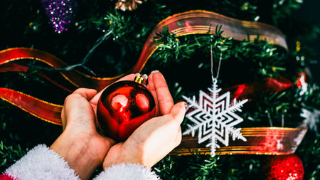 Christmas decorations. Colorful Christmas lights backgroundの写真素材