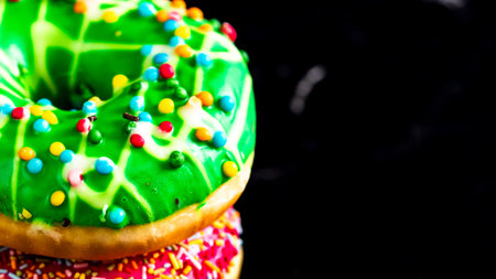 Glazed donuts with sprinkles isolated. Close up of colorful donuts.の写真素材