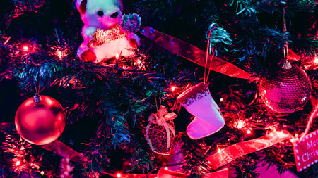 Christmas decorations. Colorful Christmas lights backgroundの写真素材