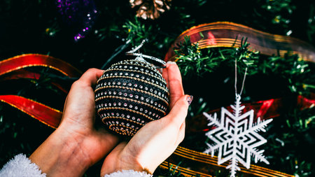 Christmas decorations. Colorful Christmas lights backgroundの写真素材