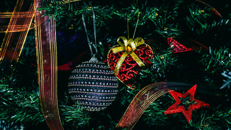 Christmas decorations. Colorful Christmas lights backgroundの写真素材