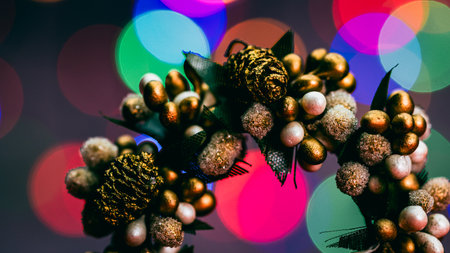 Christmas decorations. Colorful Christmas lights backgroundの写真素材
