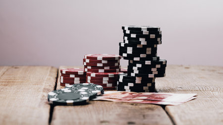 Stack of poker chips for high-stakes casino gamesの写真素材