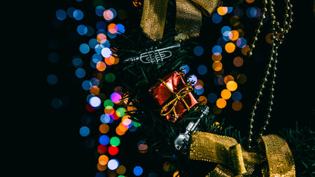 Christmas decorations. Colorful Christmas lights backgroundの写真素材
