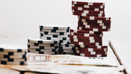 Stack of poker chips for high-stakes casino gamesの写真素材