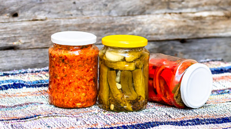 Glass jars with pickled red bell peppers and pickled cucumbers (pickles) isolated. Jars with variety of pickled and canned vegetables. Preserved food concept in a rustic composition.の写真素材