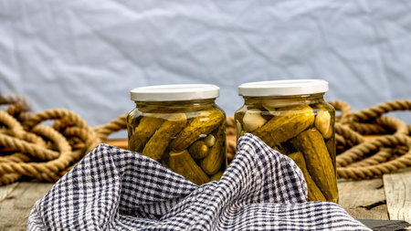 Glass jars with pickled red bell peppers and pickled cucumbers (pickles) isolated. Jars with variety of pickled vegetables. Preserved food concept in a rustic composition.の写真素材