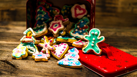 Tasty homemade Christmas cookies on wooden tableの写真素材