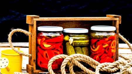 Wooden crate with glass jars with pickled red bell peppers and pickled cucumbers (pickles) isolated. Jars with variety of pickled vegetables. Preserved food concept in a rustic composition.の写真素材