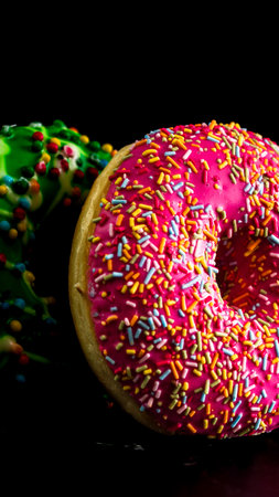 Glazed donuts with sprinkles isolated. Close up of colorful donuts.の写真素材
