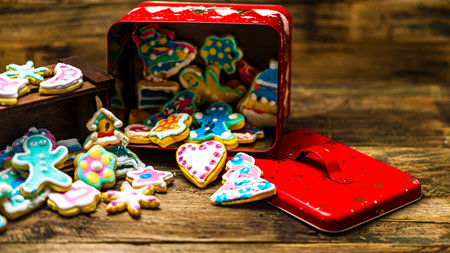 Tasty homemade Christmas cookies on wooden tableの写真素材