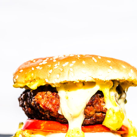 Tasty home made cheeseburger. Cheese burger with pickles, tomatoes, onion, melting cheeseの写真素材