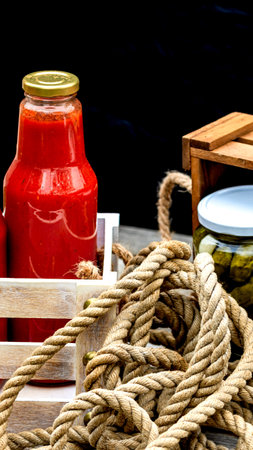 Bottles of tomato sauce, preserved canned pickled food concept isolated in a rustic composition.の写真素材