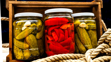 Glass jars with pickled red bell peppers and pickled cucumbers (pickles) isolated in wooden crate. Jars with variety of pickled vegetables. Preserved food concept in a rustic composition.の写真素材