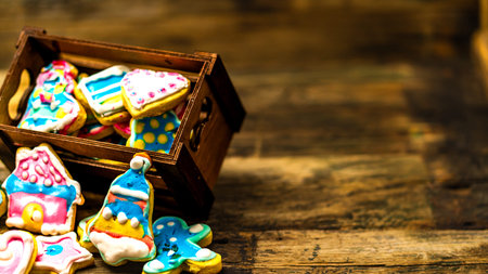Tasty homemade Christmas cookies on wooden table