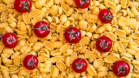 Food background with ripe cherry tomatoes on gnocchi raw pasta bed.の写真素材