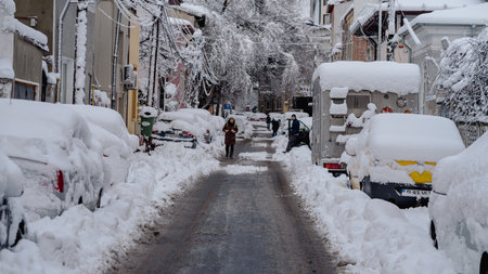 First day of winter, heavy snow in Bucharest city, Romaniaの写真素材